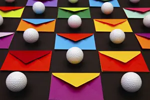 Glazed Tile Background Drucke: Composition with colored envelopes and golf balls on the table