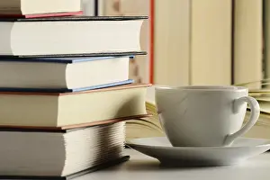 Natural Science Research Drucke: Composition with cup of coffee and books on the table