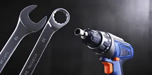 Metal Processing Industry Drucke: Composition with different kinds of hardware tools including cordless drill