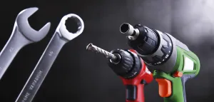 Industrial Equipment Drucke: Composition with different kinds of hardware tools including cordless drill
