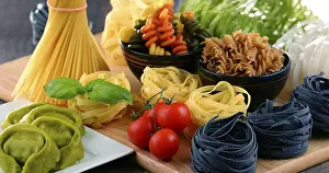 Kitchen Table Food Drucke: Composition with different sorts of pasta on kitchen table