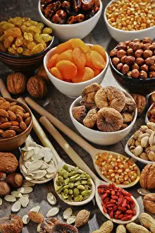 Vegetarian Food Arrangement Drucke: Composition with dried fruits and assorted nuts