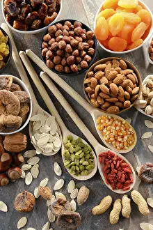 Vegan Diet Inspiration Drucke: Composition with dried fruits and assorted nuts