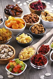 Vegan Diet Inspiration Drucke: Composition with dried fruits and assorted nuts