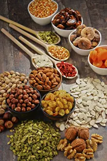 Vegetarian Food Arrangement Drucke: Composition with dried fruits and assorted nuts