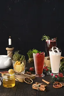 Dark Table Setting Drucke: Composition with herbal and fruit tea with ingredients on the table