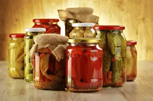 Vegetable Nutrition Facts Drucke: Composition with jars of pickled vegetables