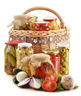 Homemade Pickles Drucke: Composition with jars of pickled vegetables