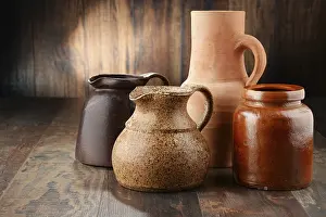 Deserted Kitchen Scene Drucke: Composition with old pottery. Kitchen dishes