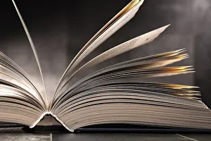Book Page Composition Drucke: Composition with open book on the table