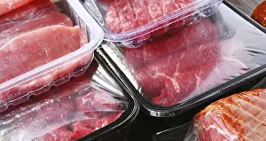 Grocery Store Food Photography Drucke: Composition with packages of assorted meat products