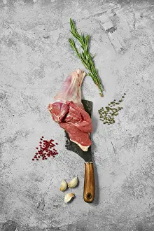 Lamb Food Photography Drucke: Composition with raw uncooked lamb leg