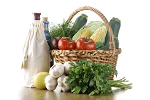 Deserted Kitchen Still Life Drucke: Composition with raw vegetables and wicker basket