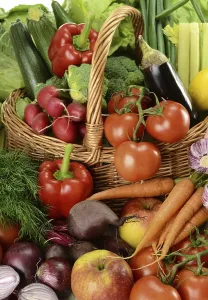 Healthy Breakfast Meal Ideas Drucke: Composition with raw vegetables and wicker basket