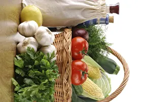 Breakfast Meal Setup Drucke: Composition with raw vegetables and wicker basket