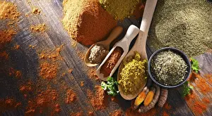 Healthy Eating Photography Drucke: Composition with spices on wooden kitchen table