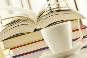 Educational Institution Scene Drucke: Composition with stack of books and cup of coffee