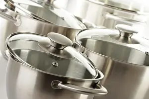 Uninhabited Kitchen Setup Drucke: Composition with stainless pots