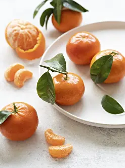 Fresh Mandarin Oranges Drucke: Composition of tangerines with leaves