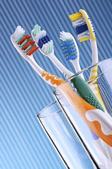 Hygienic Bathroom Scene Drucke: Composition with four toothbrushes