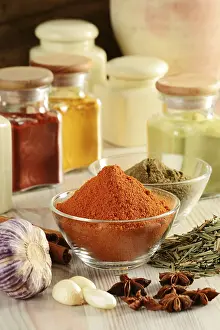 Healthy Meal Prep Drucke: Composition with variety of spices on kitchen table
