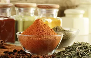 Breakfast Meal Ideas Drucke: Composition with variety of spices on kitchen table