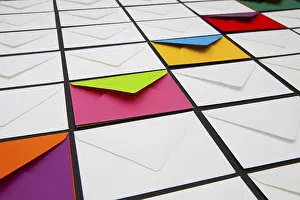 Office Supply Photo Drucke: Composition with white and colored envelopes on the table