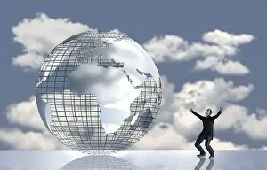 Climate Protection Drucke: Computer graphics, man in front of globe with clouds