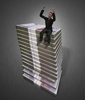 Currency Policy Finance Drucke: Computer graphics, man, pile, bills