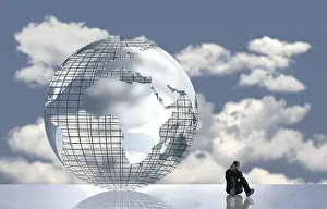 Climate Protection Image Drucke: Computer graphics, thoughtful man in front of globe with clouds
