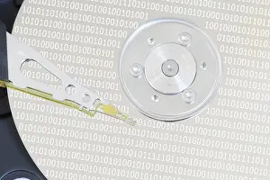 Computer Hardware Details Drucke: Computer hard disk drive with read-write head on the disk