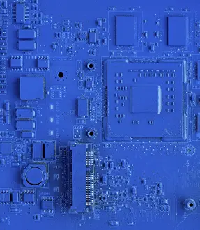 Computer Hardware Components Drucke: Computer motherboard. Classic blue background with pc backdrop