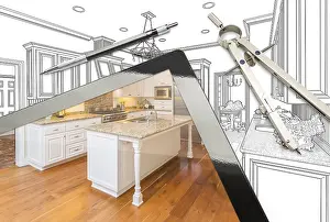 Blueprints For Residential Homes Drucke: Computer tablet and drafting tools with kitchen drawing and photograph combination