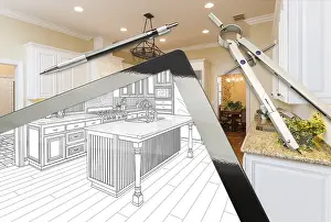 Construction Site Planning Drucke: Computer tablet and drafting tools with kitchen drawing and photograph combination