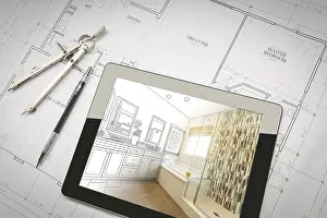 Construction Project Planning Drucke: Computer tablet with master bathroom design over house plans