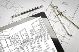 Master Bathroom Design Drucke: Computer tablet with master bathroom design over house plans