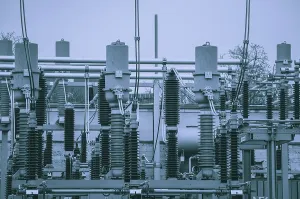 Energy Supply Infrastructure Drucke: Concept of electricity and power generation using the example of insulators and devices in a substation
