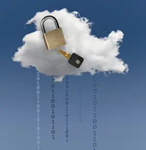Symbolic Picture Of Security Drucke: Concept image for cloud computing and online applications with a brass lock showing security problems