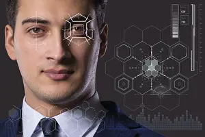 Artificial Intelligence Eyes Drucke: Concept of sensor implanted into human eye