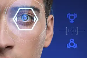 Artificial Intelligence Eyes Drucke: Concept of sensor implanted into human eye