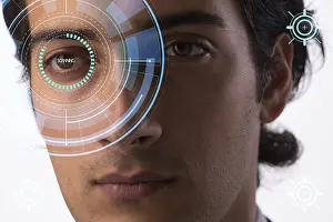 Artificial Intelligence Eyes Drucke: Concept of sensor implanted into human eye