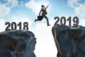Symbolic Flight Image Drucke: Concept of transition between 2018 and 2019