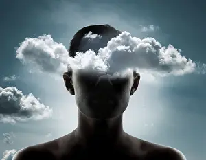 Fantasy Illustration Drucke: A conceptual representation blending the human profile with clouds
