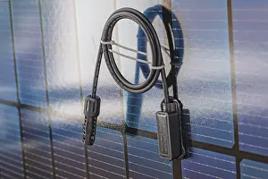 Ecofriendly Power Supply Drucke: Connection cable and plug on bifacial solar panel cells in close up view