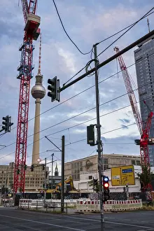 Alexanderplatz TV Tower Drucke: Construction cranes in front of television tower