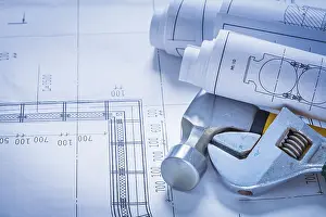 Building Design Drawing Drucke: Construction drawings adjustable spanner and claw hammer building concept