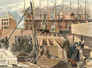 Traditional Crafts Drucke: Construction site with numerous workers around 1910