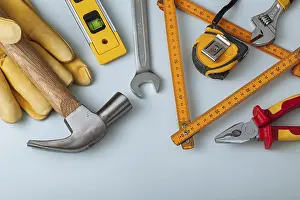 Industrial Equipment Drucke: Construction Tools On Light Gray Background