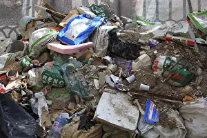 European Construction Site Drucke: Construction waste, rubbish dump next to construction site