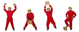 Construction Worker Drucke: Construction worker with clay bricks on white